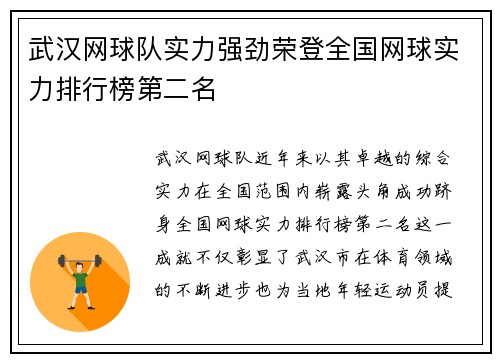 武汉网球队实力强劲荣登全国网球实力排行榜第二名